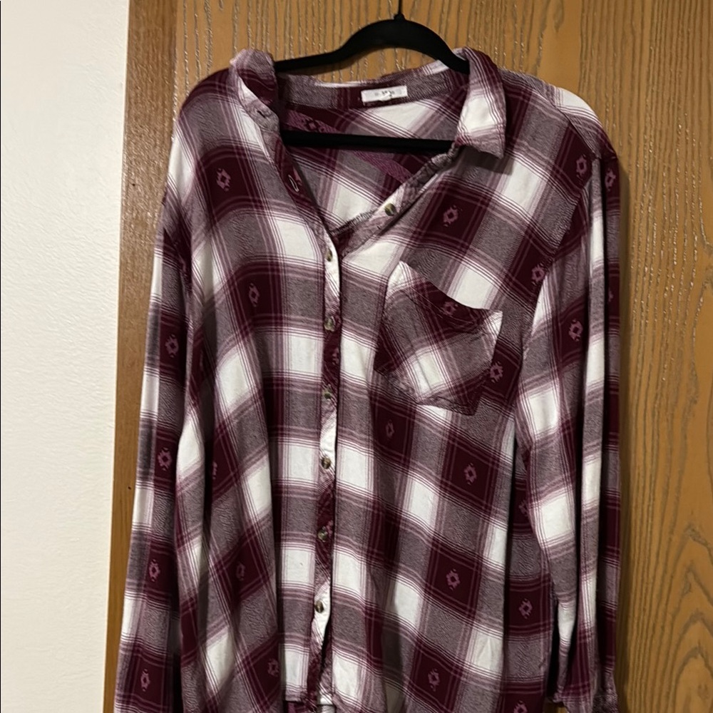 Plaid Button-Up Shirt in Burgundy and White